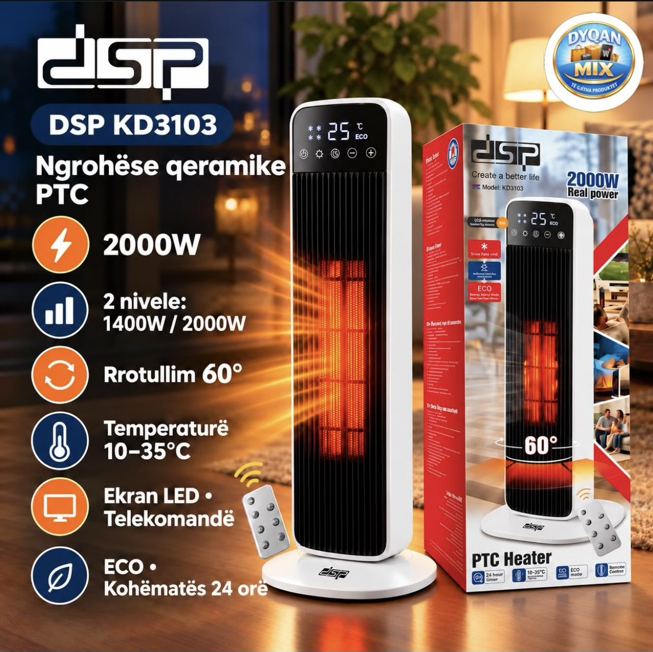 DSP KD3103 - Ngrohëse Qeramike PTC 2000W | Telekomandë & Ekran LED