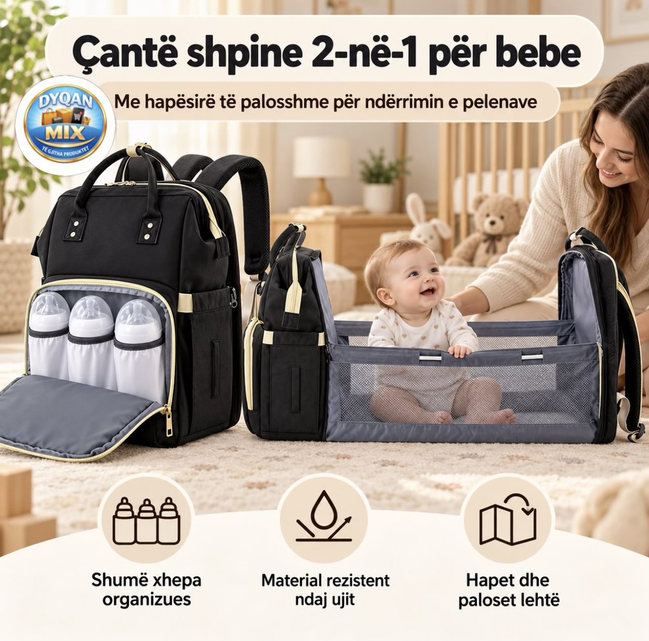 Çante shpine 2ne1 - Hapsire per nderrimin e pelenave te bebeve dhe hapsire per aksesoret e femijes