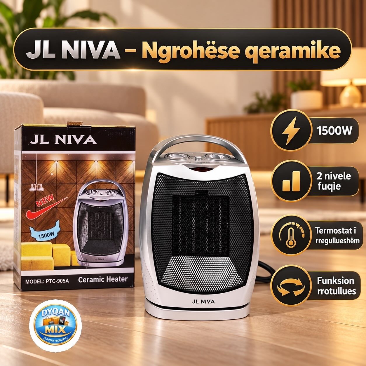 JL Niva PTC-902 - Ngrohëse qeramike 1500W | 2 Nivele ngrohje | Funksion rrotullues