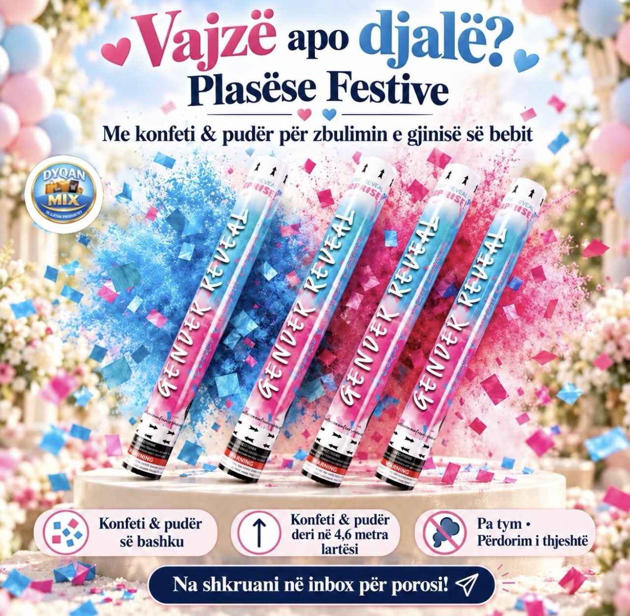 Plasëse Festivë me Konfeti & Pudër per zbulimin e gjinise se bebit