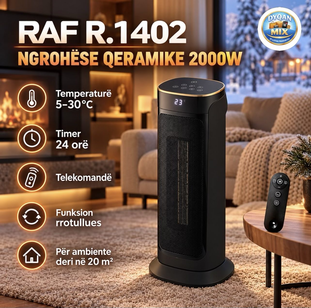 Raf R.1402 - Ngrohëse qeramike rrotulluese 2000W | Telekomande & Timer