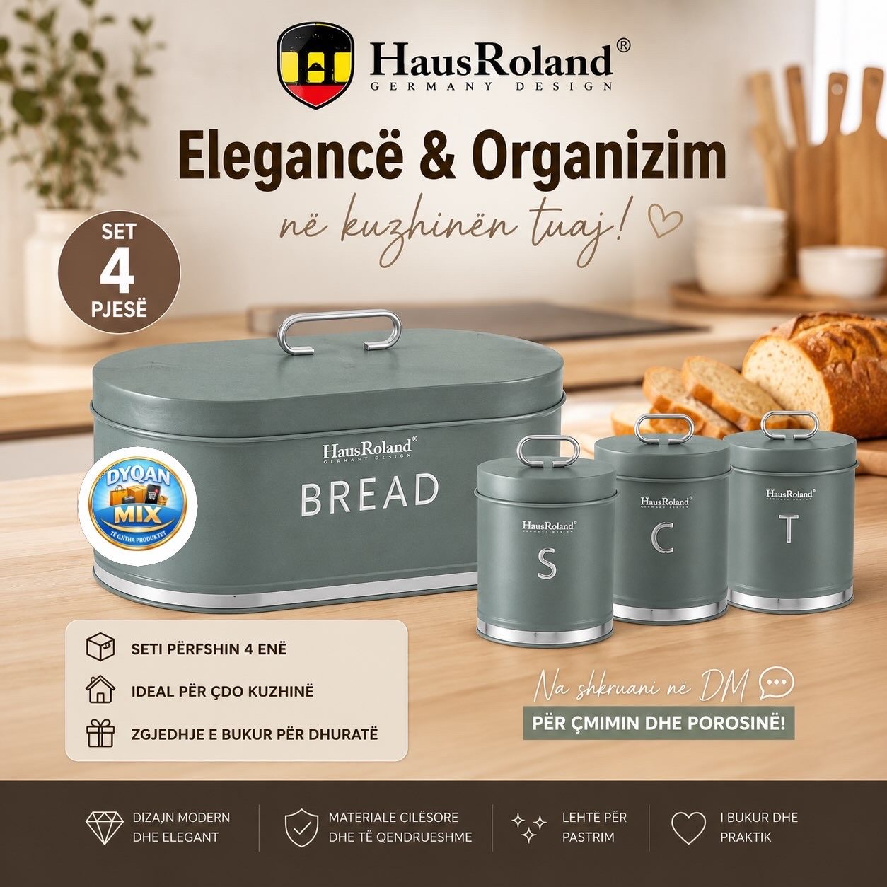 HausRoland Kitchen Elegance™ – Set Kuzhine 4 Pjesë me Kuti Buke & Enë Organizimi