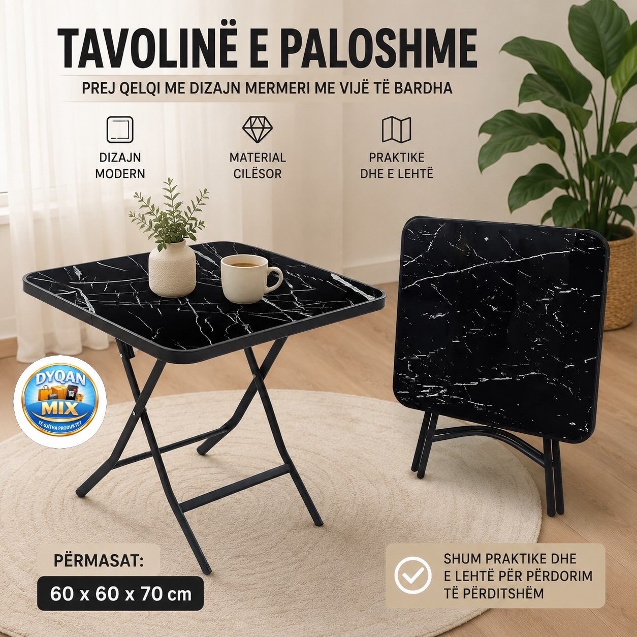 Tavoline e palosshme me dizajn mermeri & shtrese xhami